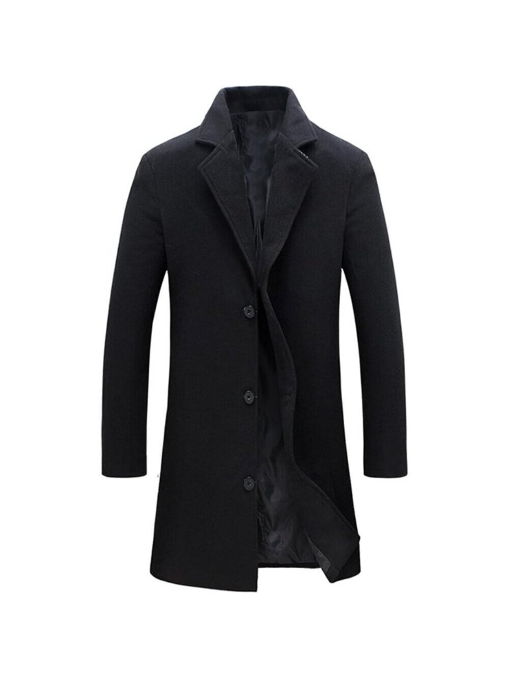 Men's Black Wool Blend Pea Coat Collar Single Breasted Overcoat Trench Coat